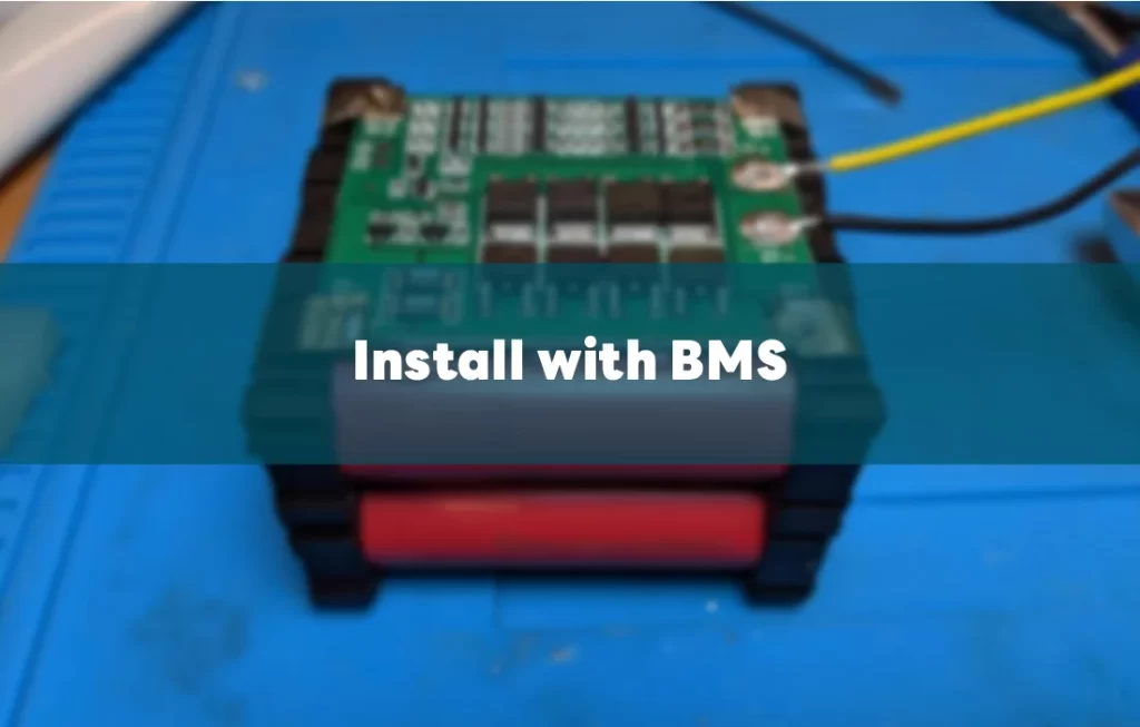 A green circuit board with several integrated circuits, connected to a pack of 18650 battery cells, with the text "Install with BMS" (Battery Management System) below.