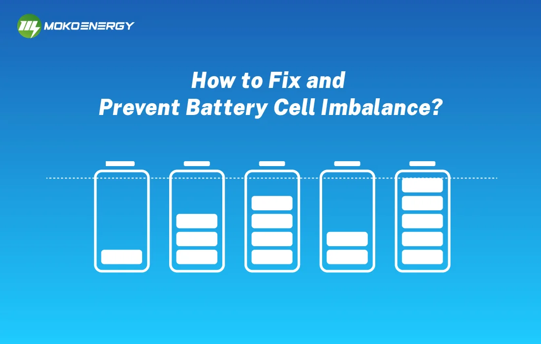 An image from a company named Mokoenergy, answering "How to Fix and Prevent Battery Cell Imbalance?". It displays several battery icons with varying charge levels, representing the issue of cell imbalance in battery systems.